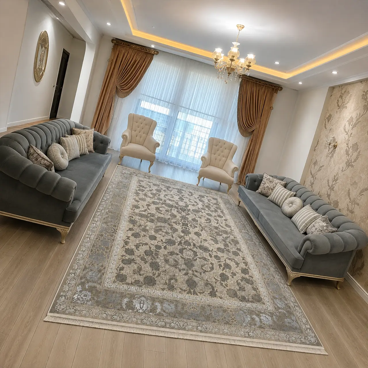 فرش 12 متری 700 شانه تندیس یاس بژ طوسی 101 V