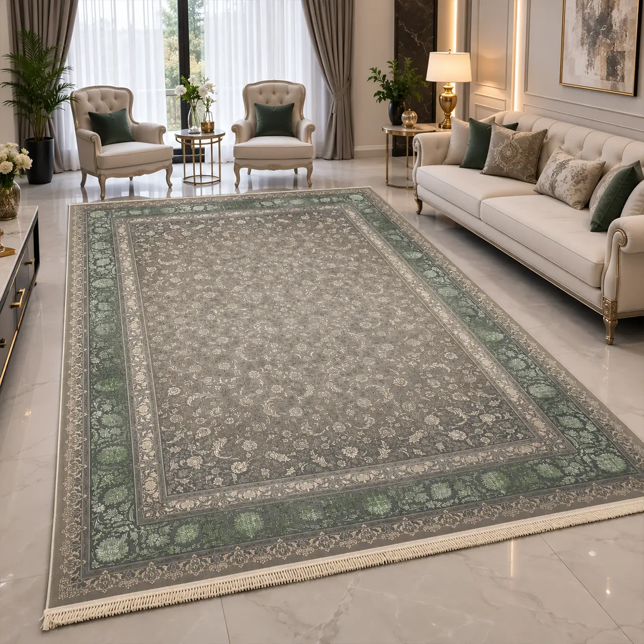 فرش 12 متری 700 شانه تندیس شارلوت فیلی سبز طوسی 206 V