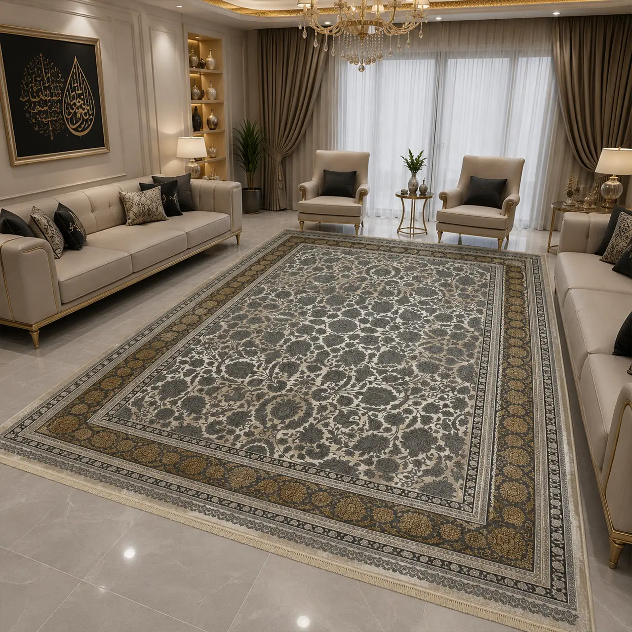 فرش 12 متری 700 شانه تندیس فرنود بژ سبز 809 V