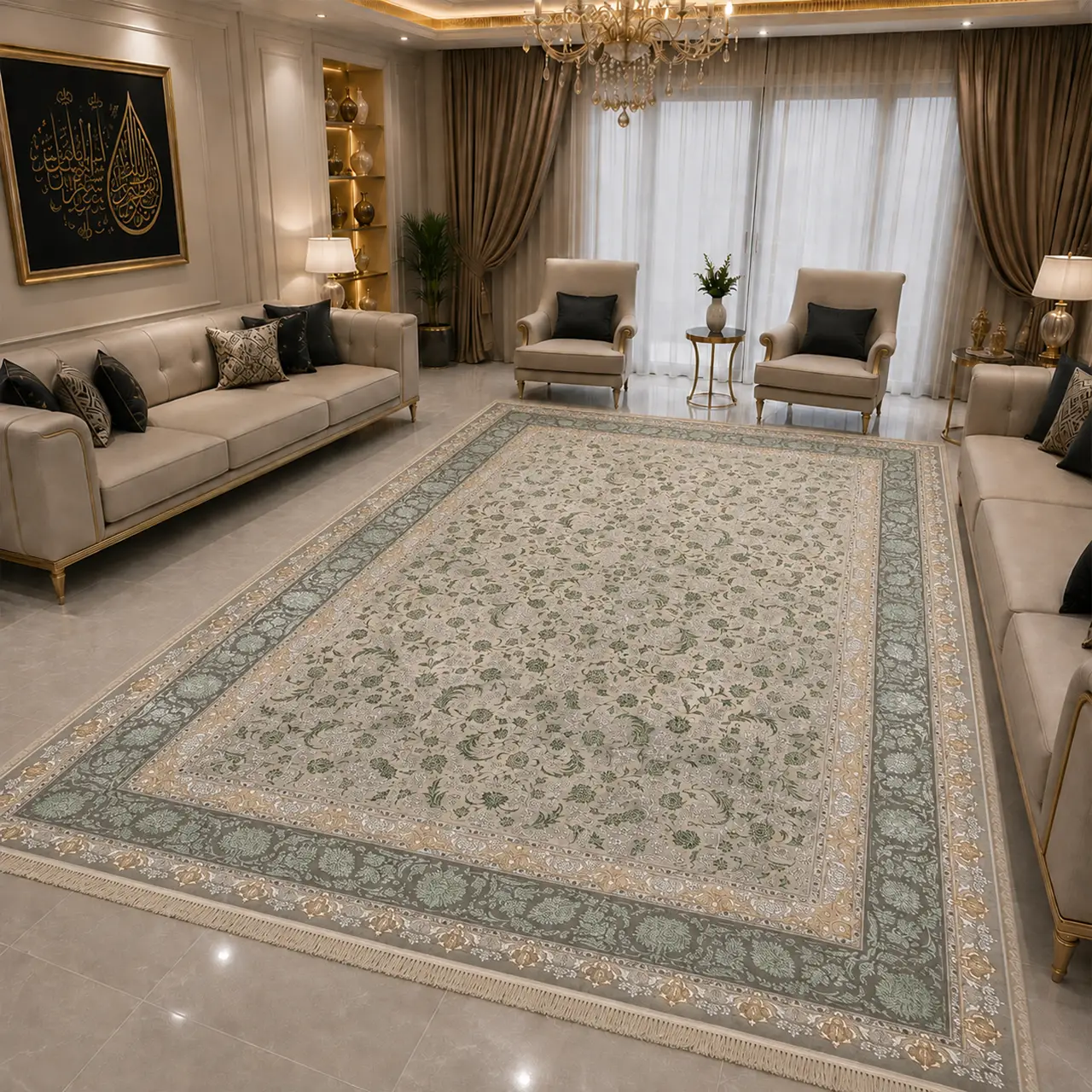 فرش 12 متری 700 شانه تندیس شارلوت بژ سبز 202 V